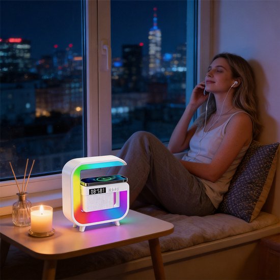 4-in-1 Bureauapparaat - Bluetooth Luidspreker - Wit - LED Lamp & Bluetooth Speaker - 15W Draadloze Oplader & Wekker - RGB Sfeerlicht & Helderheidsregeling - USB Voeding & Incl. Kabels - Voor Slaapkamer & Kantoor — afbeelding 4