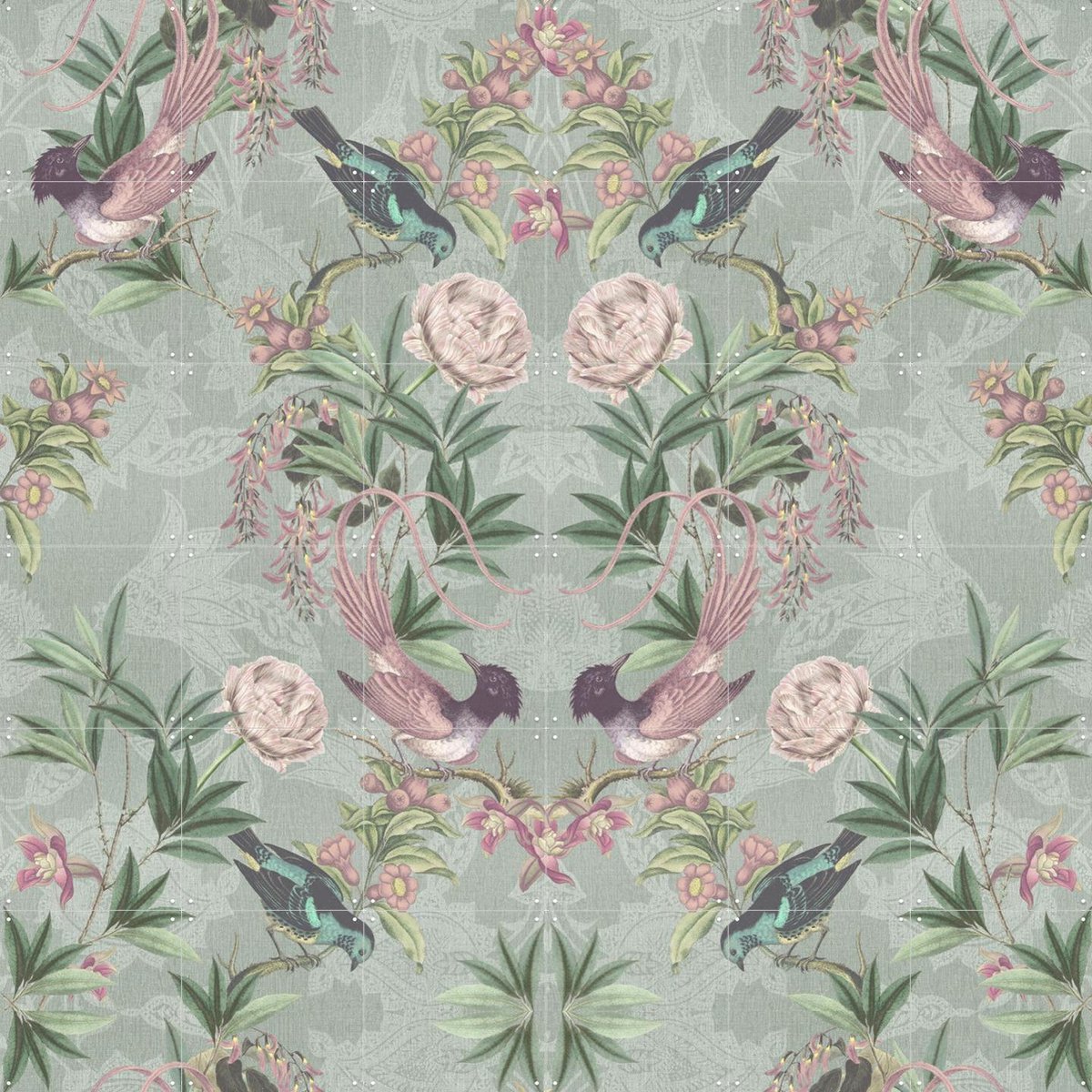 IXXI Rococo Birds and Flowers, Bloomery Decor - 120 x 120 cm - Gratis ophangtool - Grote wanddecoratie en posters - Art Nouveau, Retro, Decoratieve