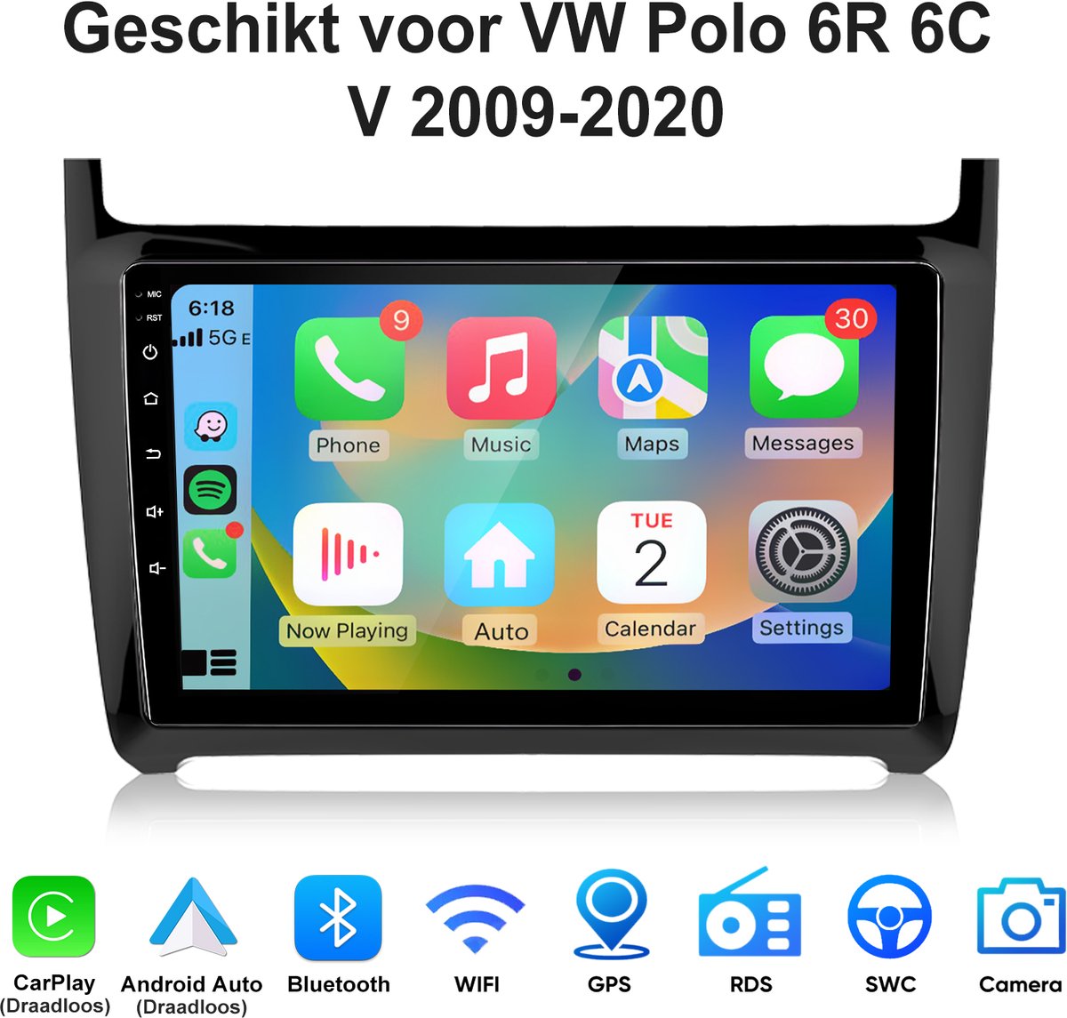 Junsun Android 15 Autoradio met Bluetooth Geschikt voor VW Polo 6R 6C V 2009-2020 - Draadloos Carplay & Andriod Auto - 9 Inch HD TouchScreen - Bluetooth - GPS-navigatiesysteem - WiFi - 9-inch Touchscreen - Stuurwielbediening - RDS - USB