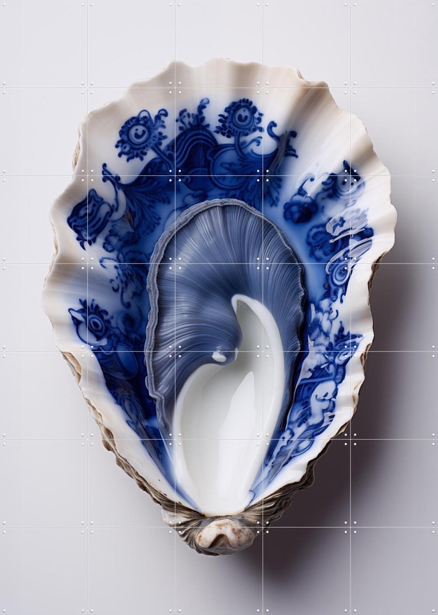 IXXI Delft Blue Oyster Shell, OTTI - 100 x 140 cm - Gratis ophangtool - Grote wanddecoratie en posters - Ornamenteel Ontwerp, Keuken, Gang, Woonkamer