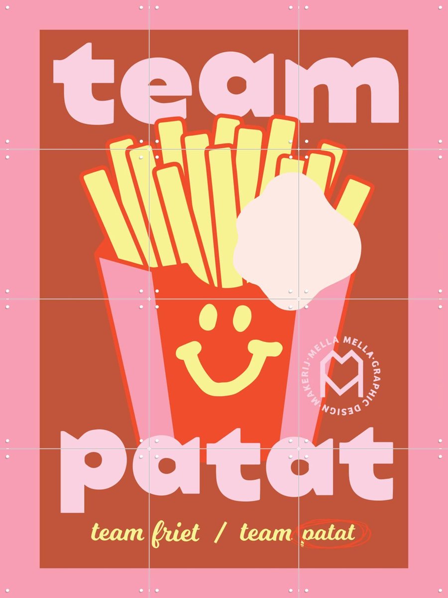 IXXI Team Patat, Mella Mella - 60 x 80 cm - Gratis ophangtool - Grote wanddecoratie en posters - Typografie, Digitale Kunst, Cartoonesk, Retro