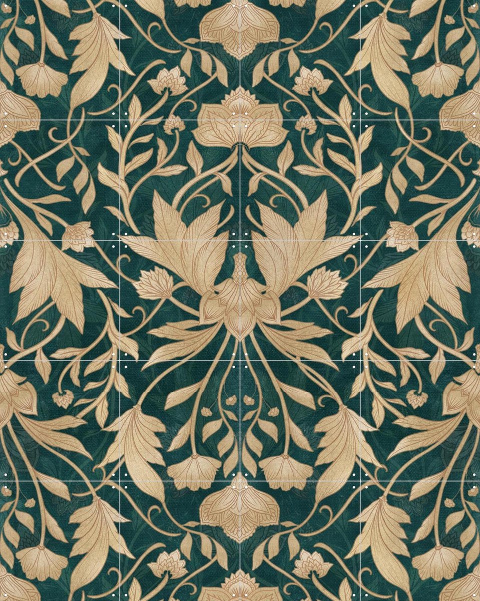 IXXI Morris Vintage Floral Damask Teal Gold, Bloomery Decor - 80 x 100 cm - Gratis ophangtool - Grote wanddecoratie en posters - Geometrische Kunst