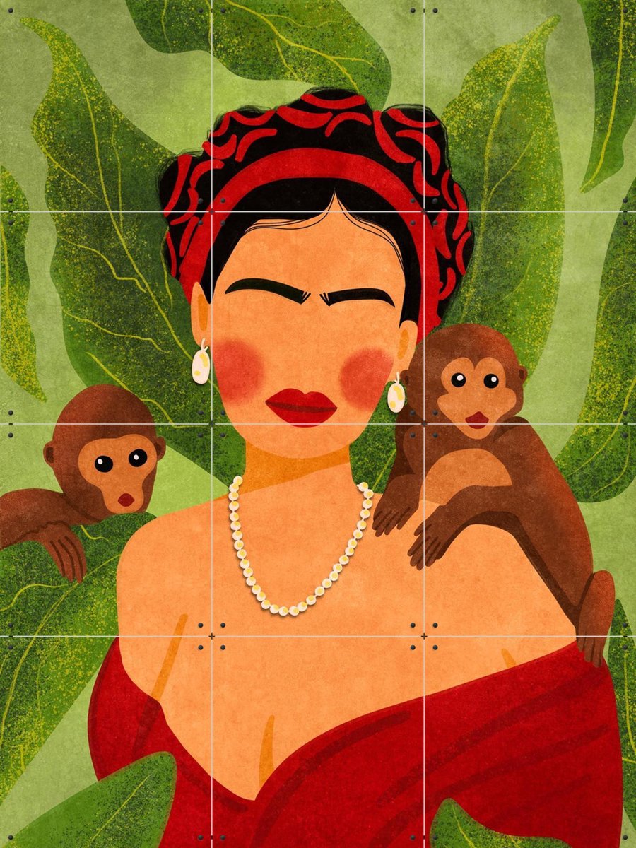 IXXI Frida and Monkeys, Raissa Oltmanns - 60 x 80 cm - Gratis ophangtool - Grote wanddecoratie en posters - Illustraties, Kleurrijk, Retro, Trap