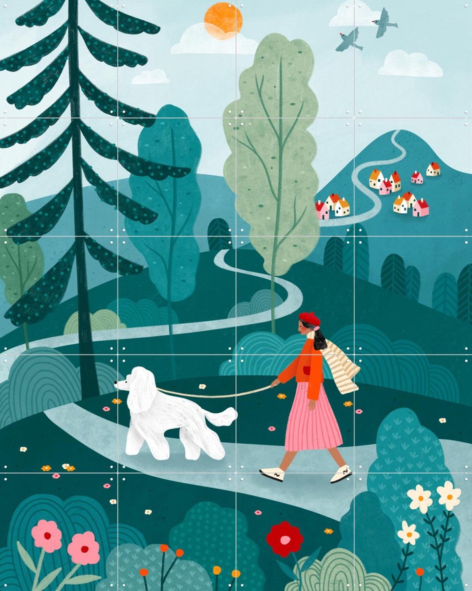 IXXI Poodle Walk, Bea Müller & Various - 80 x 100 cm - Gratis ophangtool - Grote wanddecoratie en posters - Modern, Fantasierijk, Kleurrijk, Speels