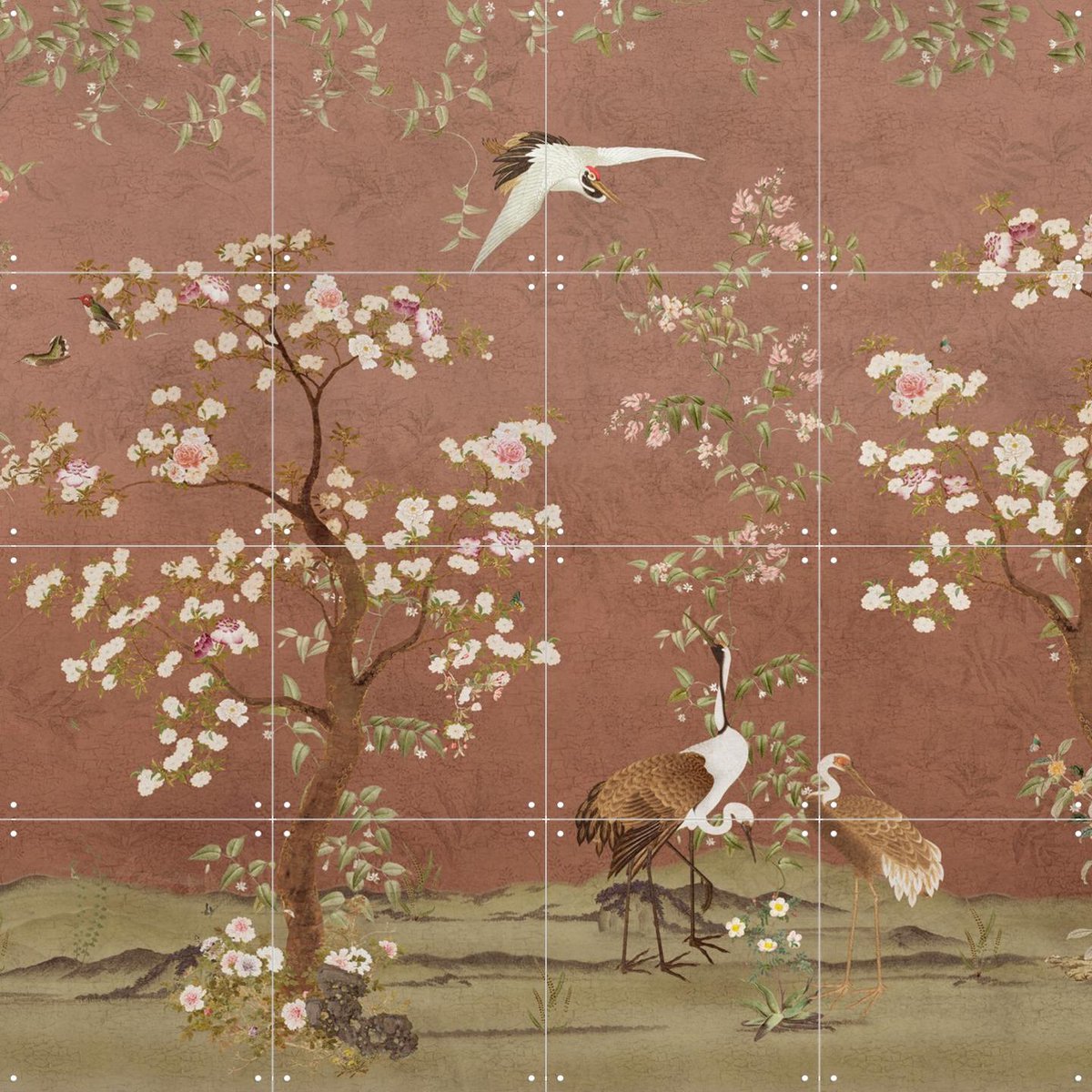 IXXI Chinoiserie Birds And Blossom Trees Terracotta, Bloomery Decor - 80 x 80 cm - Gratis ophangtool - Grote wanddecoratie en posters - Fantasierijk