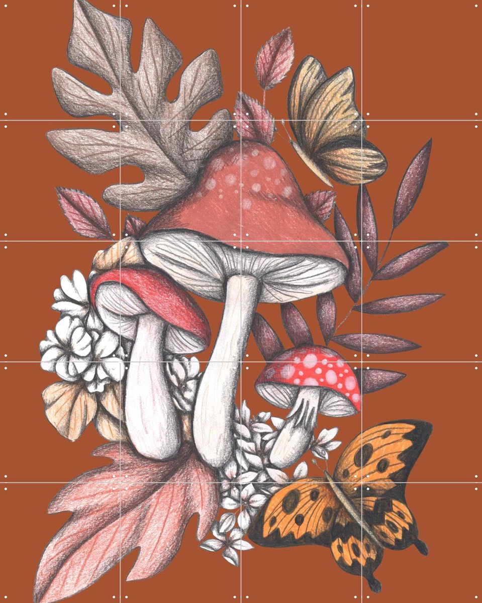 IXXI Mushrooms Magic 2, Cecilia Battaini - 80 x 100 cm - Gratis ophangtool - Grote wanddecoratie en posters - Illustraties, Speels, Fantasierijk
