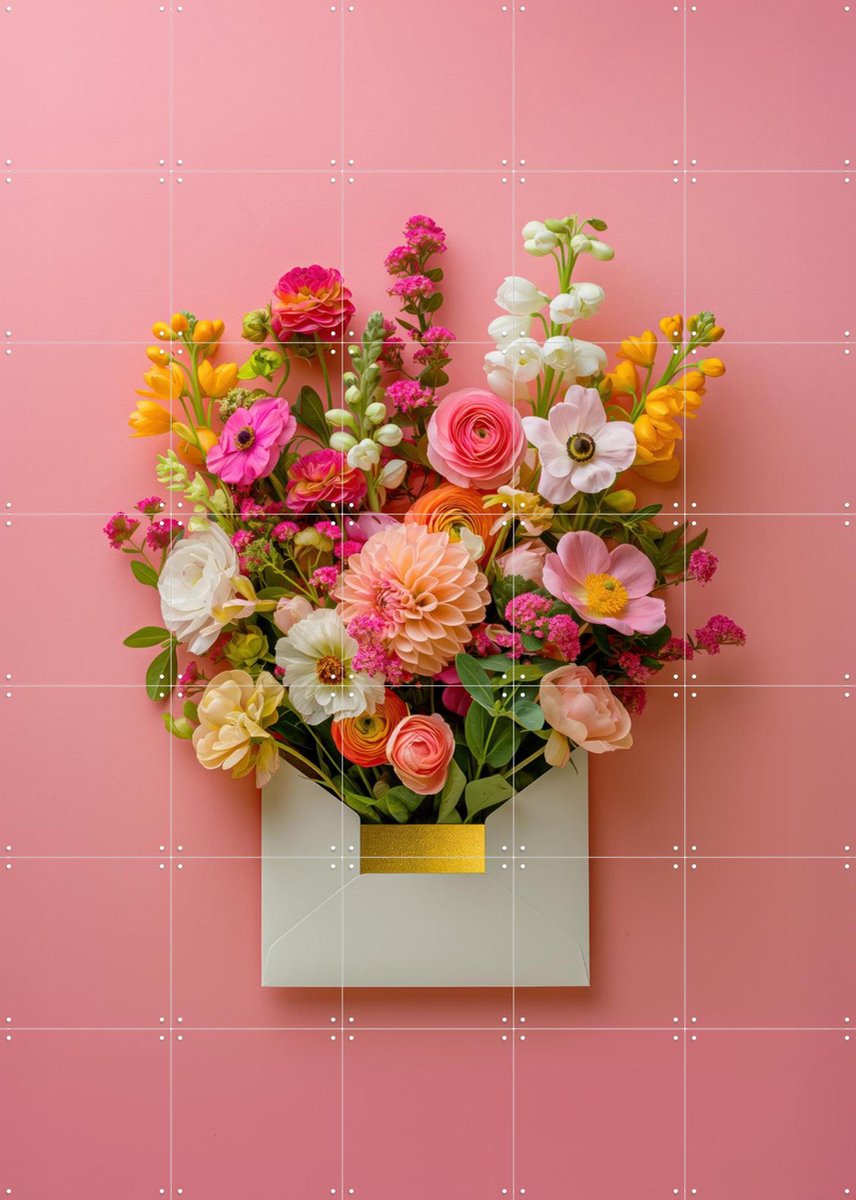 IXXI Pink Floral Still Life with Colorful Flowers in Gold Envelope, OTTI - 100 x 140 cm - Gratis ophangtool - Grote wanddecoratie en posters - Modern