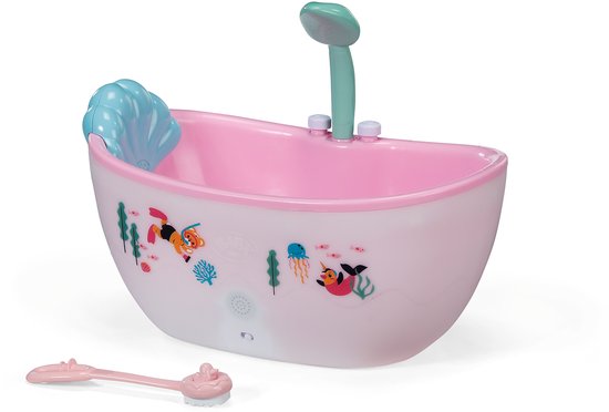 Roze babybadje met onderwaterprint, douchekop, schelp-vormige tuit en babyborstel.