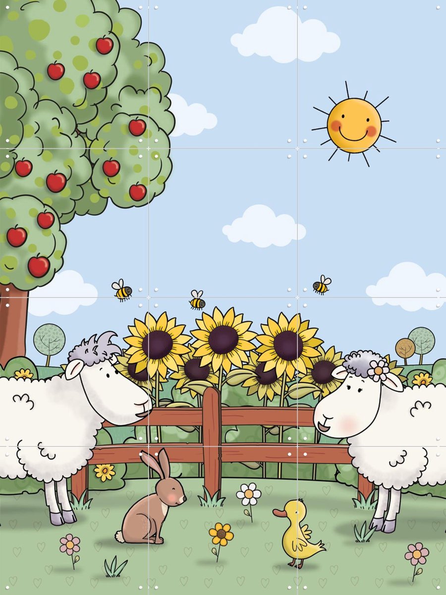 IXXI Mike & Molly met zonnebloemen, Mike & Molly & Van Hoorne Studios - 60 x 80 cm - Gratis ophangtool - Grote wanddecoratie en posters - Kleurrijk