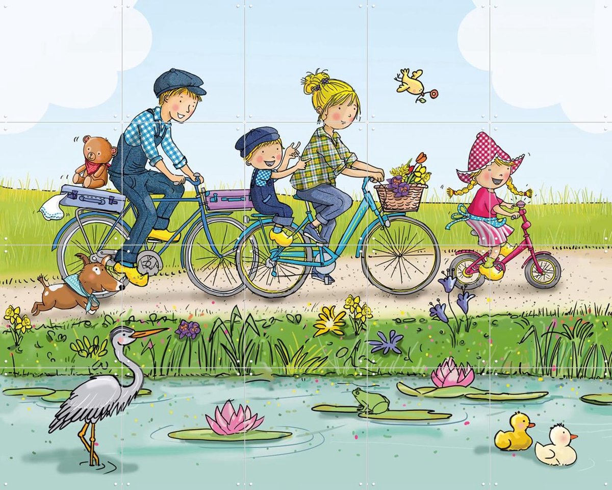 IXXI Fien & Teun op vrolijke fietstocht, Fien & Teun & Van Hoorne Studios - 100 x 80 cm - Gratis ophangtool - Grote wanddecoratie en posters -