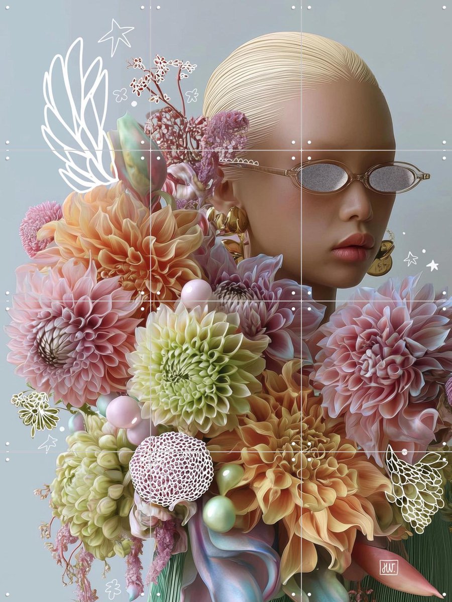IXXI Floral Electric, Henriette Visscher - 60 x 80 cm - Gratis ophangtool - Grote wanddecoratie en posters - Gemengde Technieken, Slaapkamer