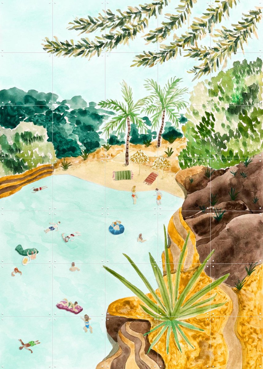 IXXI Cala Mallorquina, Palmartprints - 100 x 140 cm - Gratis ophangtool - Grote wanddecoratie en posters - Modern, Aquarel, Speels, Fantasierijk