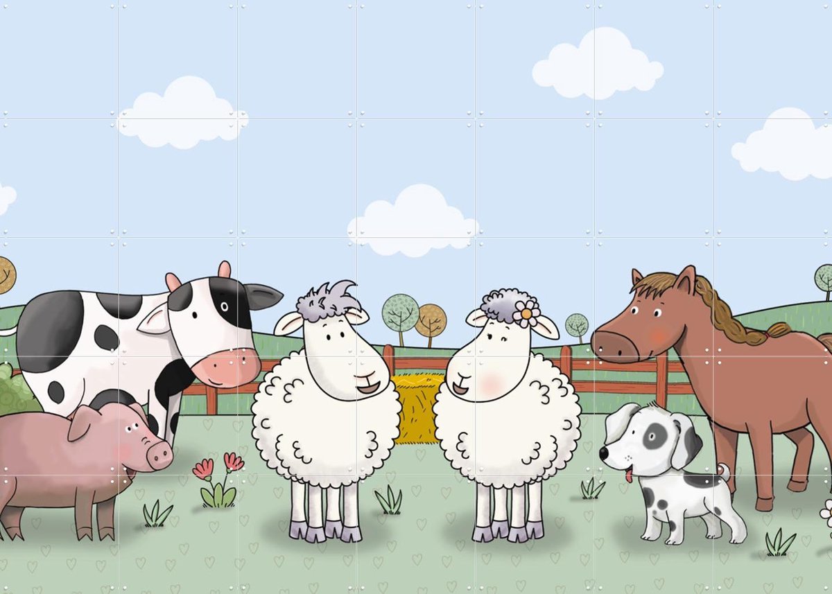 IXXI Mike & Molly op de boerderij, Mike & Molly & Van Hoorne Studios - 140 x 100 cm - Gratis ophangtool - Grote wanddecoratie en posters - Modern