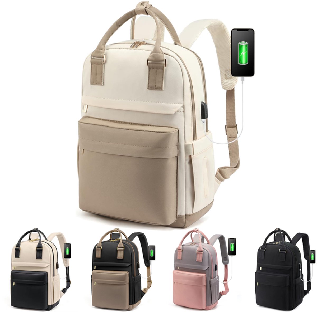 KZQ Waterdichte Laptop Rugzak - Met USB Poort - 15.6 Inch - Voor Dames Meisjes - School Werk College - Beige