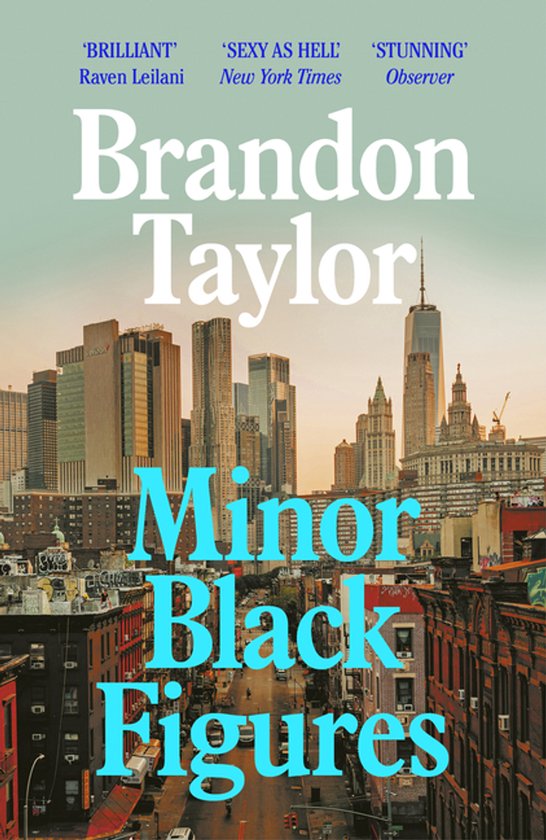 Boekomslag van 'Minor Black Figures' door Brandon Taylor met een skyline van gebouwen bij zonsondergang.