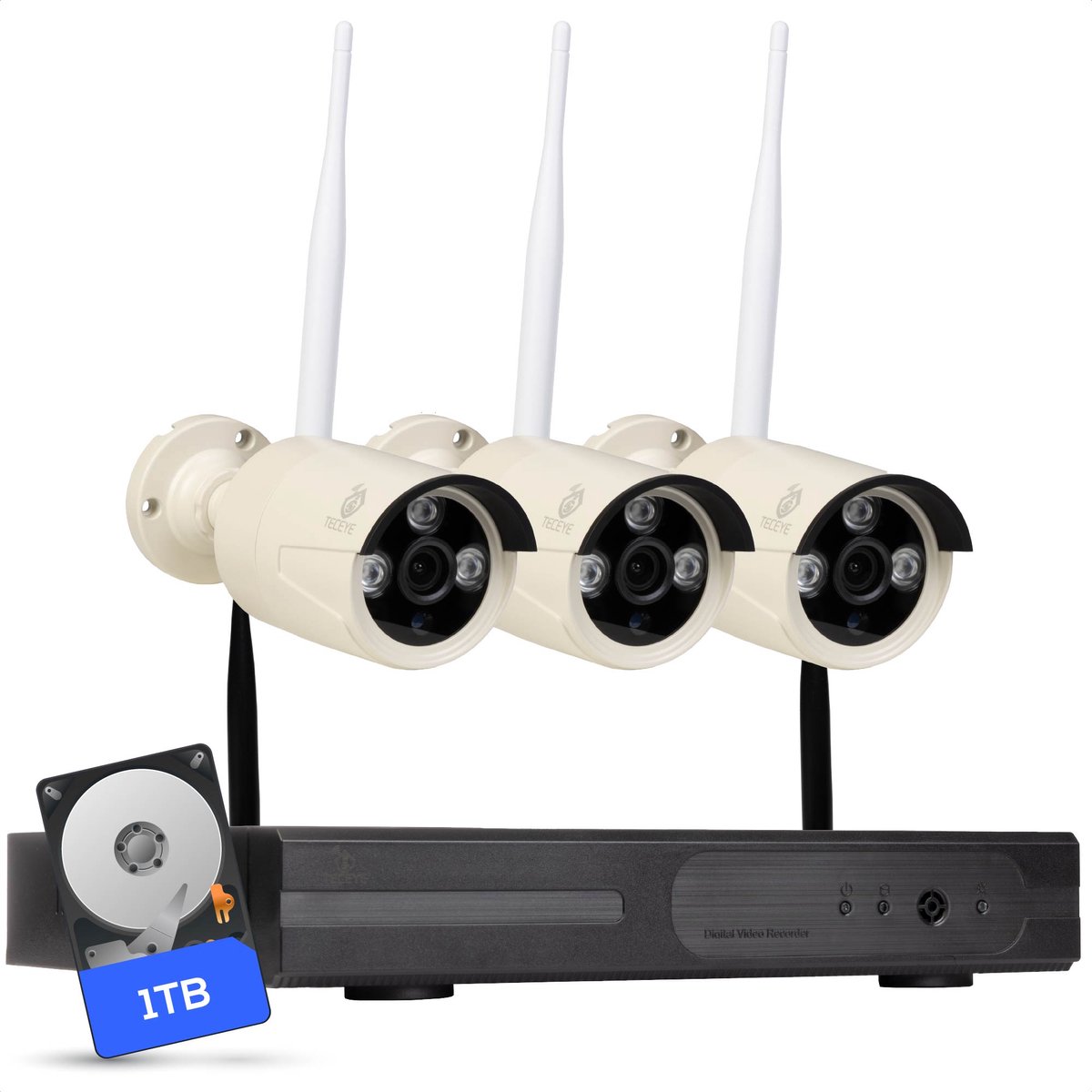 Teceye Bullet Beveiligingscamera Buiten met Recorder - Draadloze Buitencamera - 3 Camera - 1TB Opslag