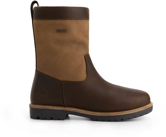 Bruine leren laars met beige suède voorkant en rits. Gore-Tex logo zichtbaar.