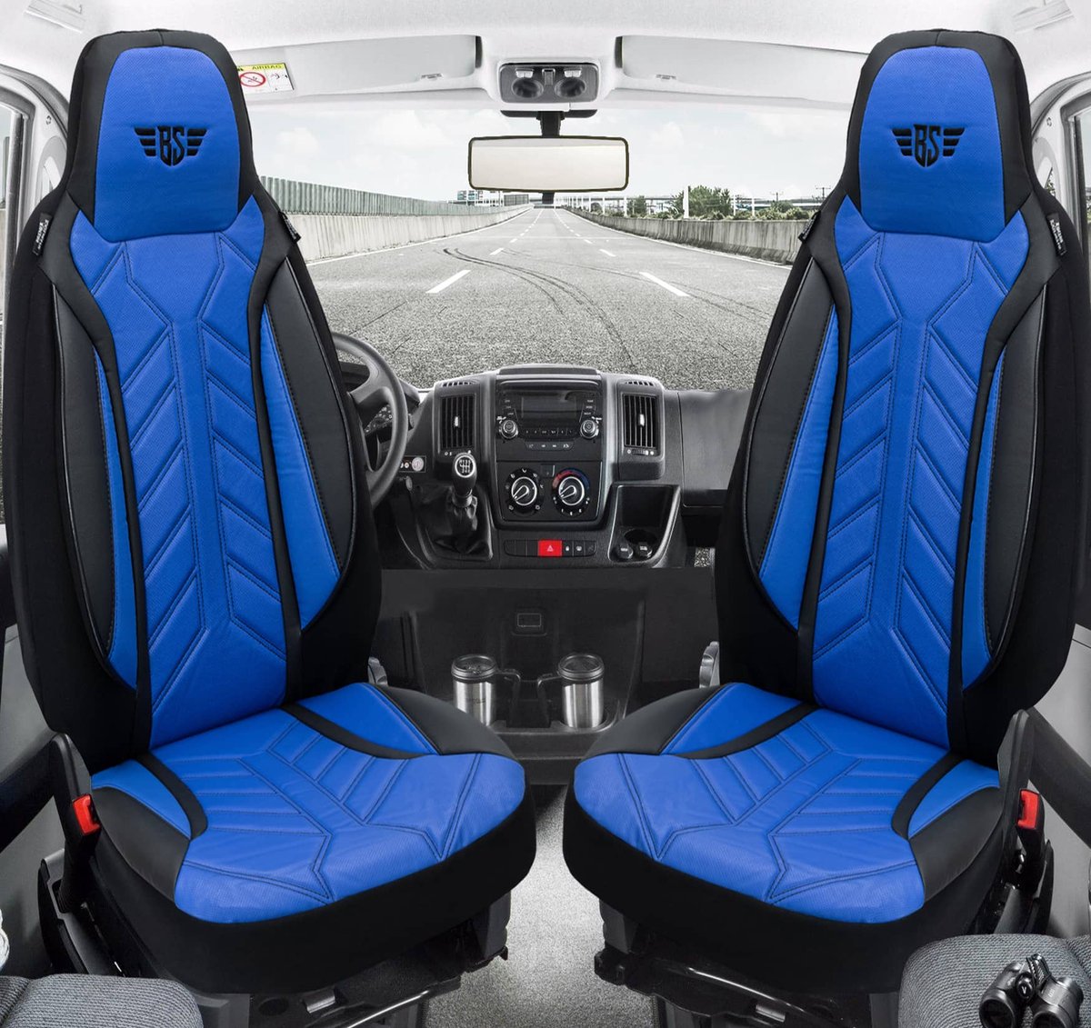 Autostoelhoezen voor VW T6 Bj 2015-21 – Stoelhoezen voor bestuurder en passagier in Zwart/Blauw