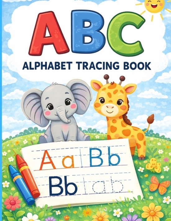 ABC Alphabet Tracing Book avec un éléphant et une girafe dans un champ fleuri, lettres colorées et soleil souriant.