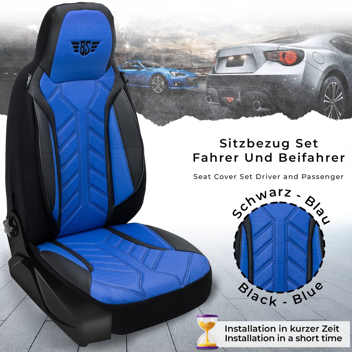 Autostoelhoezen voor Renault Kangoo Bj 1997-07 – Stoelhoezen voor bestuurder en passagier in Zwart/Blauw