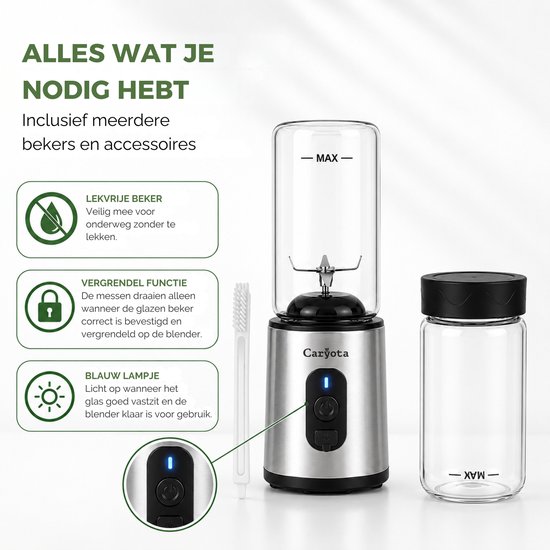 Caryota Mini Blender - Draagbare Blender To Go - Glas - 400ML - Lekvrij - Portable Blender - Smoothie Maker - USB-C - Lichtgewicht - Soepmaker van Caryota — afbeelding 5