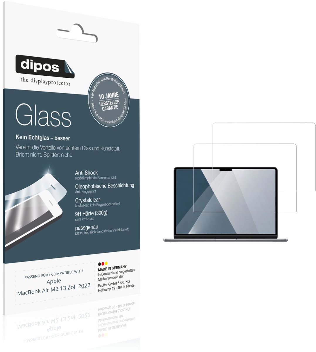dipos – 2x Pantserfolie geschikt voor Apple MacBook Air M2 13 Inch 2022 | 9H Screenprotector