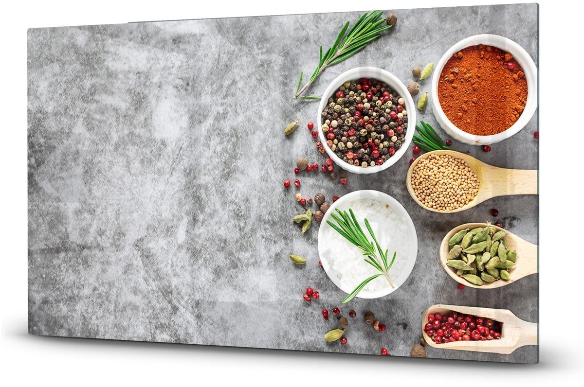 Mydesignglas Glazen Inductie Beschermer - Krasvrij Gehard Glas met Antislip - Afdekplaat voor Kookplaat - Spatscherm Achterwand Keuken - Kruiden & Specerijen, grijze achtergrond - 90x52