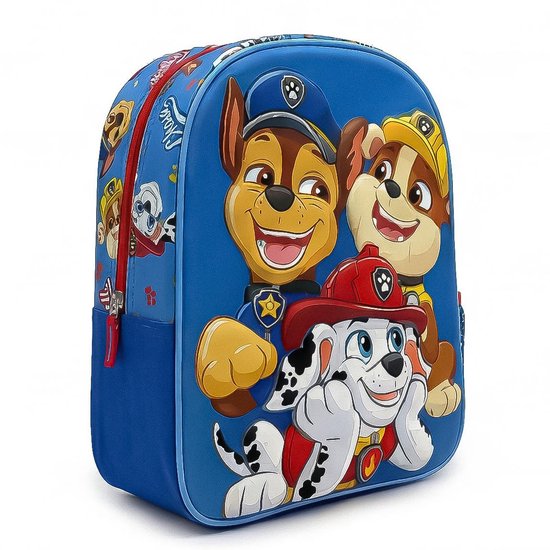 Blauwe Paw Patrol rugzak met Chase, Marshall en Rubble in 3D-opdruk. De rugzak heeft een rode ritssluiting.