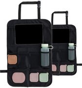 Zwarte autostoelorganizer van imoshion, set van 2. Met tablet-houder, fles-houders en diverse opbergvakken in pastelkleuren.