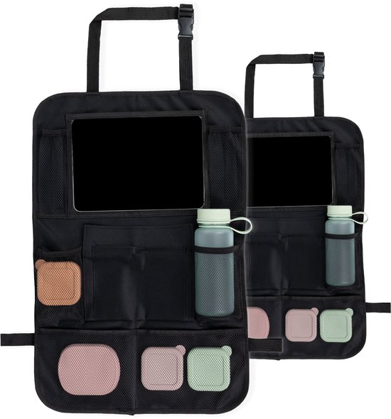 Organisateur de siège auto noir imoshion, lot de 2. Avec support tablette, porte-bouteilles et divers compartiments de rangement coloris pastel.