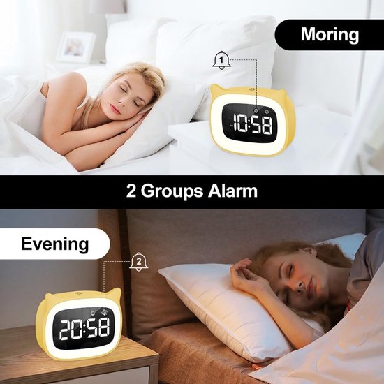 Digitale Wekker - Kinderwekker Kat - Kamer Verlichten - Snooze Functie - 5 Helderheid - Geel — afbeelding 5