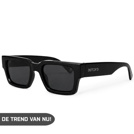 Zwarte zonnebril met vierkant montuur, met het DUTCH'D logo op de poot.