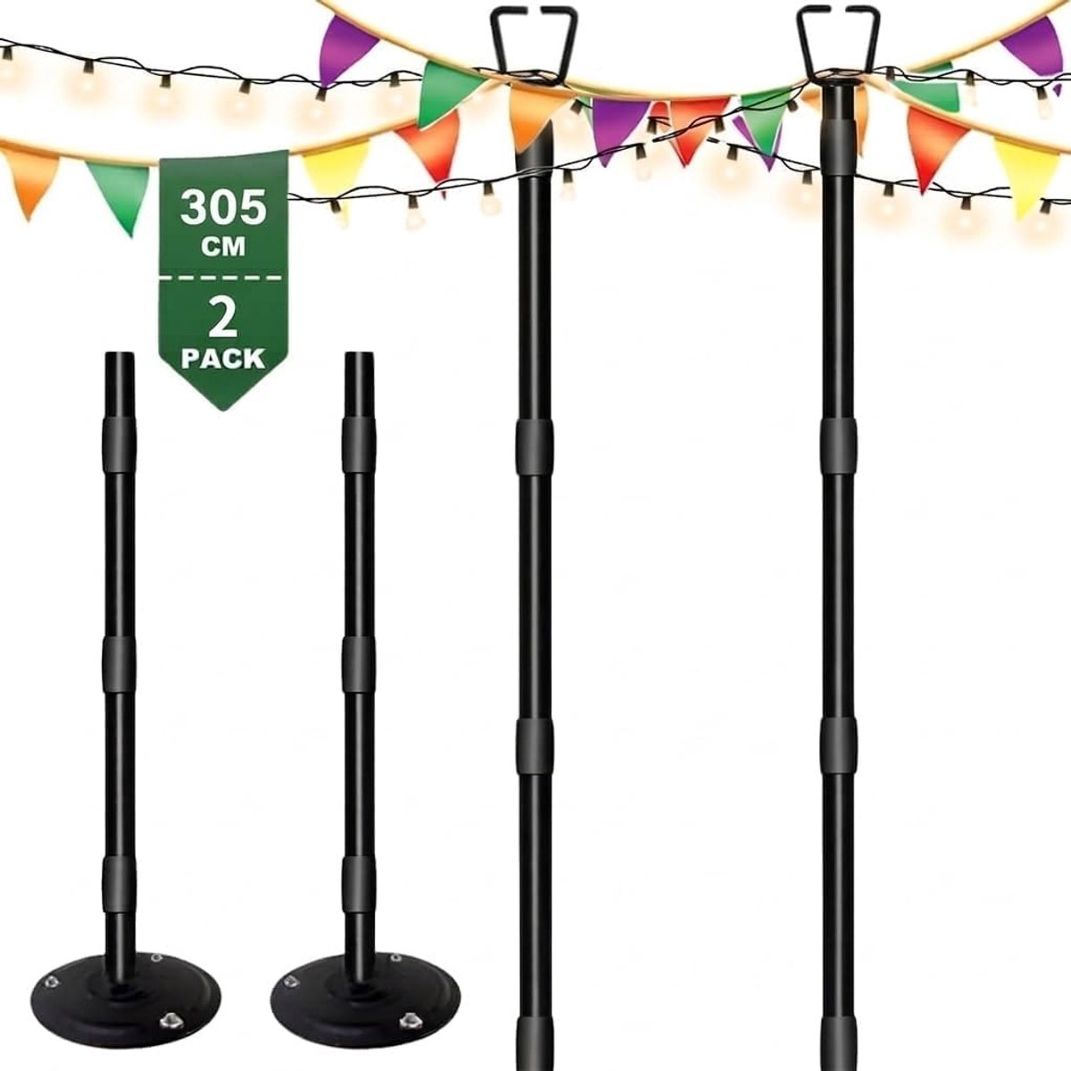 String Light Pole voor dek, 10Ft/3M, voor buiten, verstelbare hoogte, roestvrij metaal, heavy duty voor patio, achtertuin, tuin en feest (1 stuk)