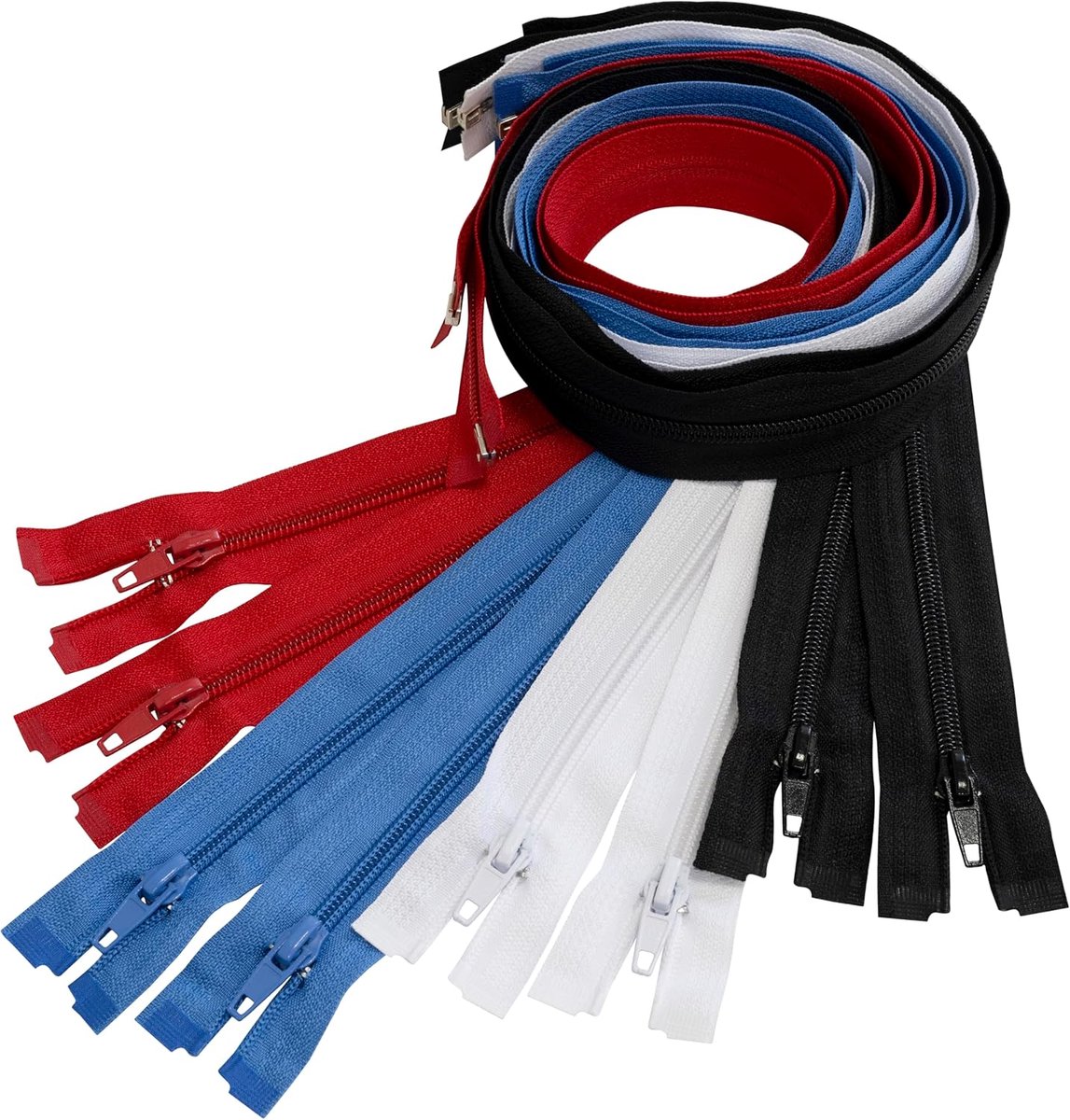 - Set van 8 spiraalritsen N°5 65 cm deelbaar met schuiver - van metaal nylon polyester - kleur saffierblauw zwart rood wit