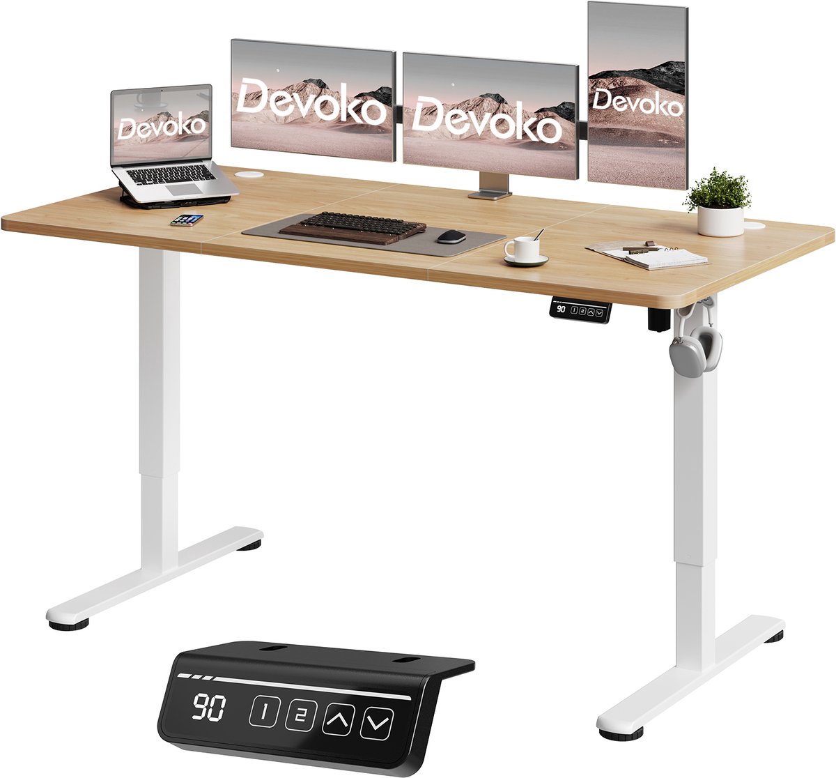 Devoko Elektrisch Zit-sta Bureau 160x60 cm – Stille Motor met Geheugenfunctie – 4 Knoppen Handbediening – Beige