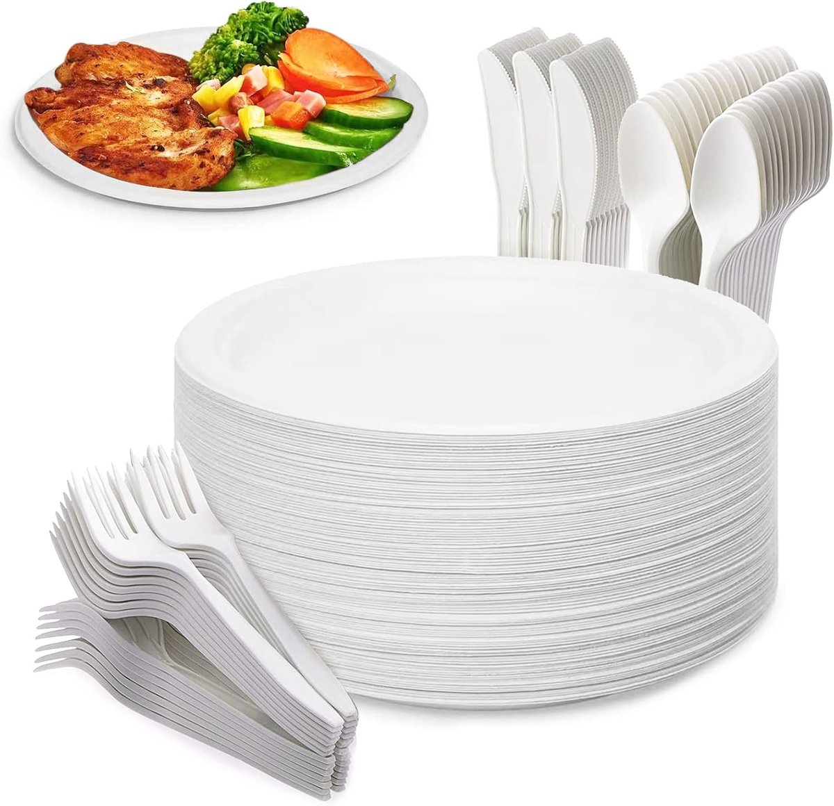 x 200 stuks, kartonnen borden 100% composteerbaar | Wegwerpservies inclusief papieren borden, vork, mes en lepel, wegwerpborden voor feestjes en picknicks, wit, 22,8 cm
