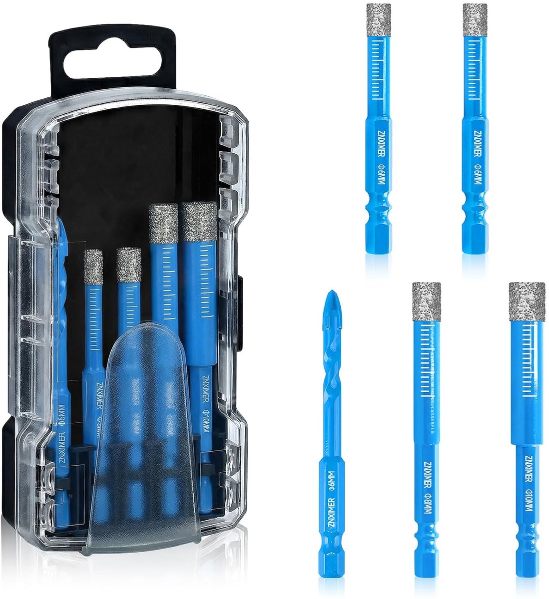 Tegelboor diamantboor glasboor set 5-delig 6, 6, 8, 10 mm + 6 mm hardmetalen boor voor keramiek, graniet, glas, porselein, tegels, droog en nat boren