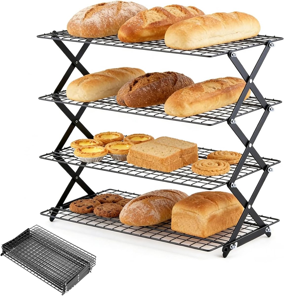 4-traps koelrooster, inklapbaar, zwart | Hittebestendig ijzer, stapelbaar, 3 hoogteinstellingen, ruimtebesparend, voor taarten en koekjes