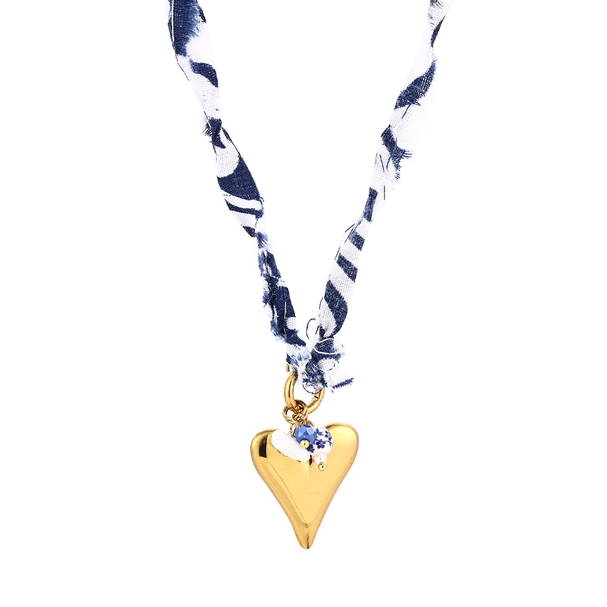 Gevlochten Stoffen Ketting met Hartbedel – Bedel Ketting Strand - Beach – RVS - Blauw