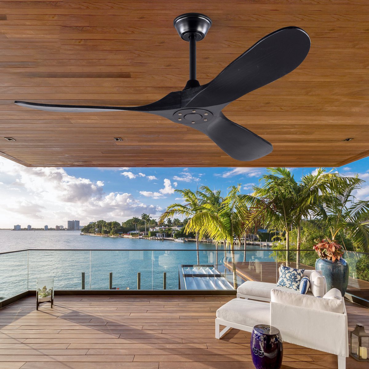 Moderne plafondventilator 52 inch zwart - 6 snelheden met omkeerbare draairichting - met afstandsbediening - snelheidsgeheugen - 3 massief houten bladen - zonder verlichting – foto 5