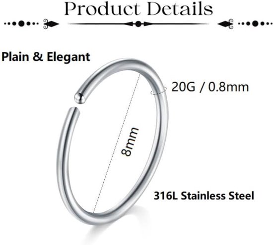 20 g neuspiercing van roestvrij staal, L-vormige neusring, 18 stuks, nep septum, neuspiercing, lichaamssieraden — afbeelding 2