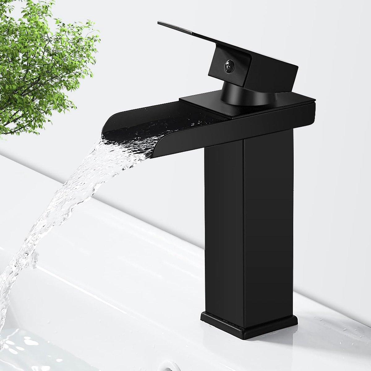 Kraan Badkamer Zwart Waterval Wastafelarmatuur, Eengreepsmengkraan Messing Badkamerkraan Mengkraan voor Badkamer met Uitloop Hoogte 150 mm, Warm en Koud Water, G3/8