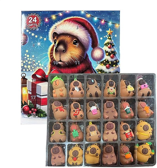 Calendrier de l'Avent avec capybara et 24 cadeaux capybara de Noël.