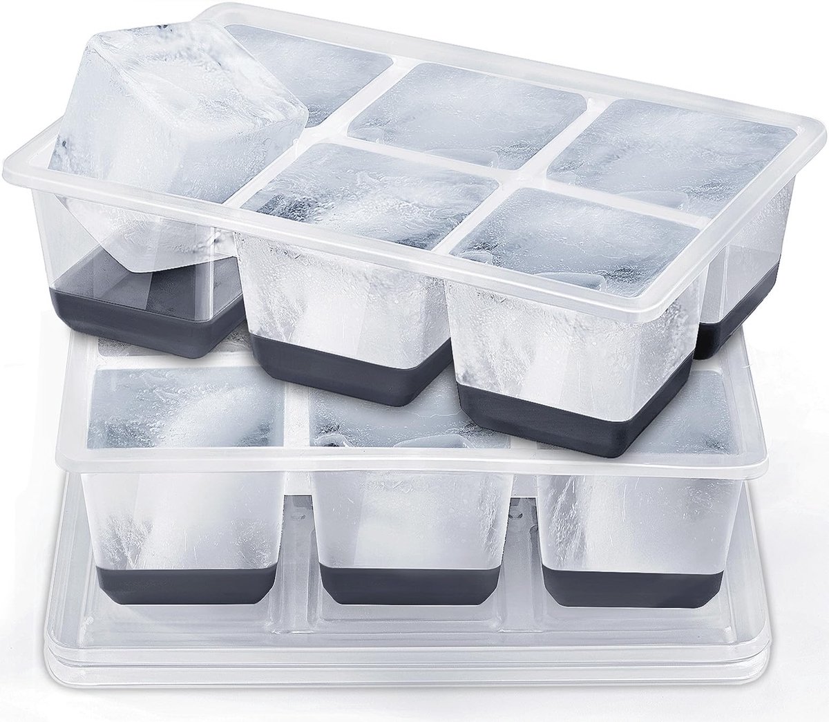 XXL Siliconen IJsblokvorm Set - 2 Stuks - 6 cm Grote IJsblokjes - Met Deksel - BPA-vrij - Eenvoudig te Ontvormen - Voor Whisky, Cocktails & Frisdranken - Zwart