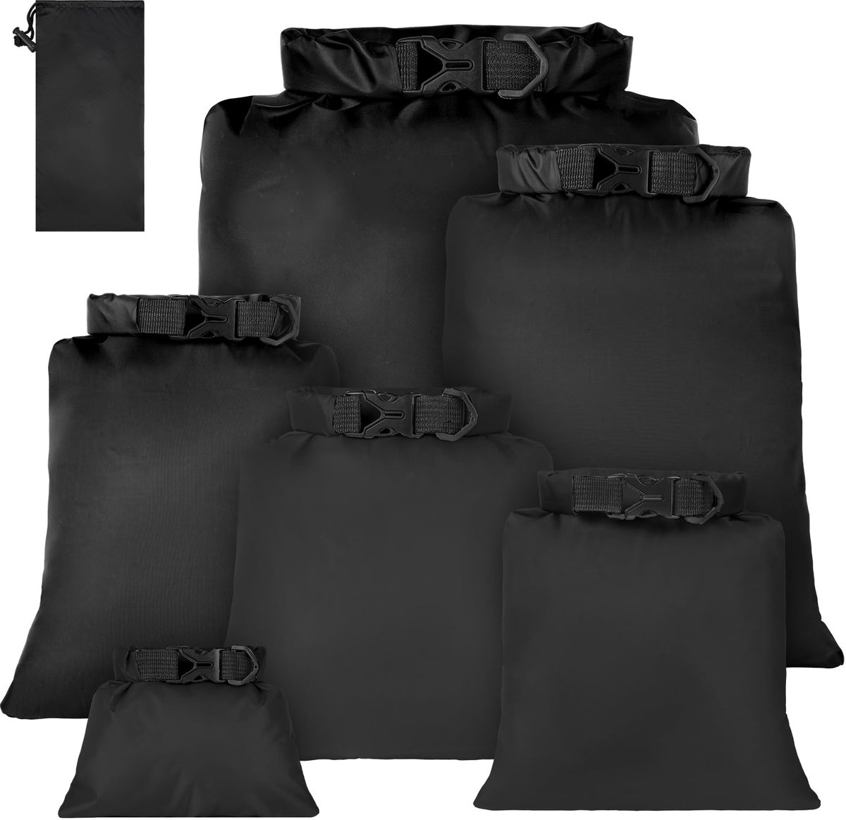 Waterdichte Dry Bag Set - 6 Stuks - 1,5L, 2,5L, 3L, 3,5L, 5L & 8L - Lichtgewicht Compressiezakken - Zwart - Voor Kajakken, Varen, Kamperen, Wandelen & Reizen