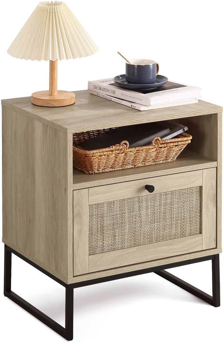 Rotan Nachtkastje Met Lade En Open Plank - Eikenlook Met Zwarte Metalen Poten - Multifunctioneel Bijzettafel - Licht eiken + Zwart - 48x38x56cm
