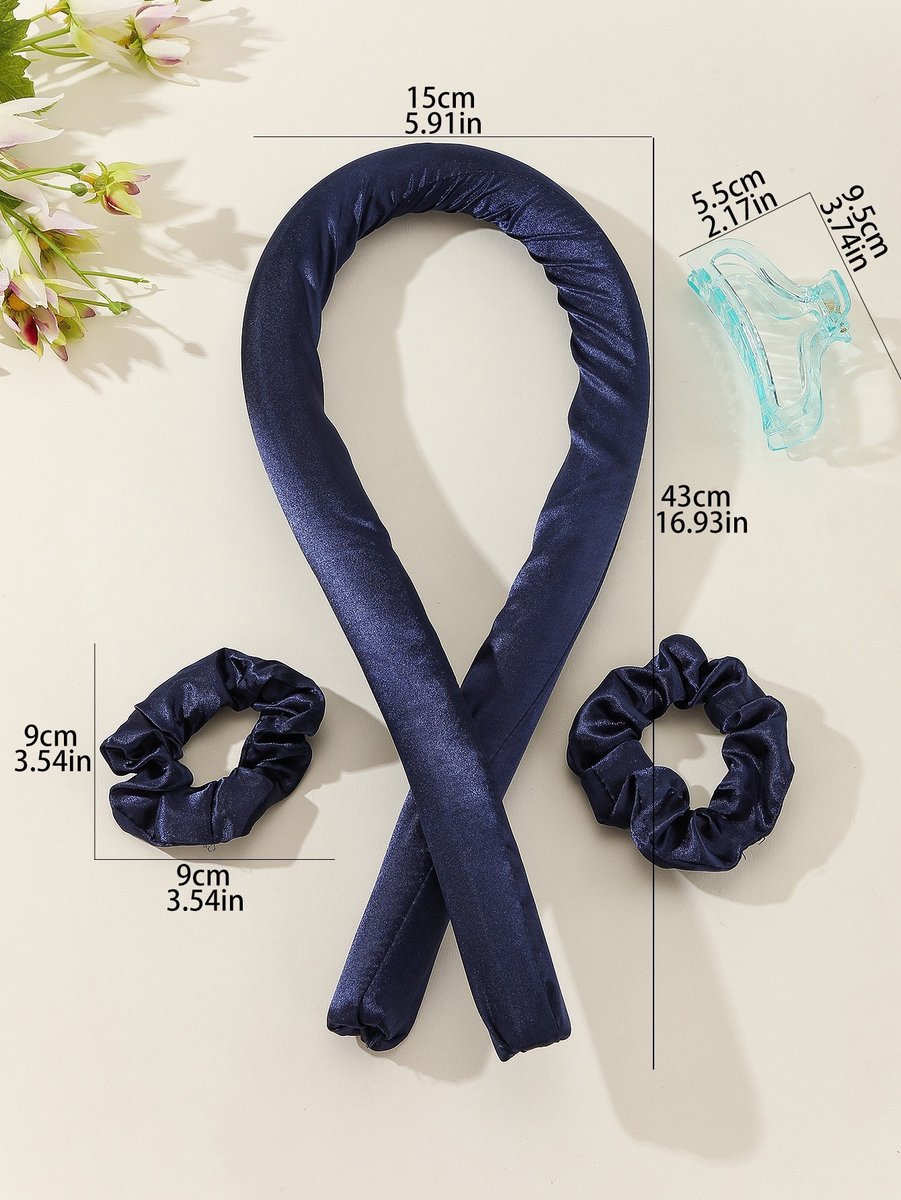 Deze 4-delige set met hittevrije krultang bevat een zachte en comfortabele krultang, twee haarelastiekjes en een haarclip, perfect voor het krullen van je haar 's nachts of voor dagelijks gebruik,Marineblauw,4件套