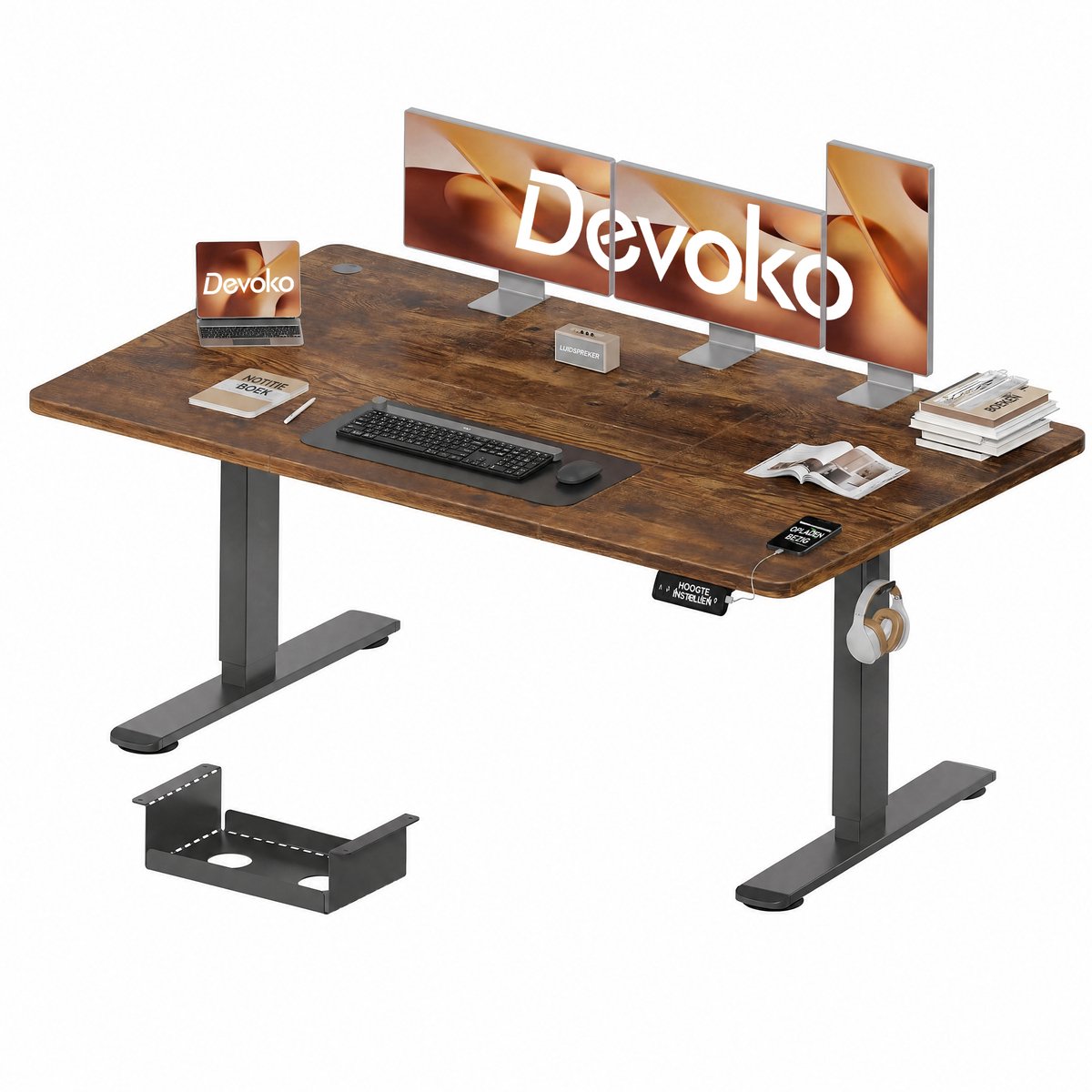 Devoko Elektrisch Zit-Sta Bureau 160x80 cm – 18 mm Dik Tafelblad – 3 Geheugenstanden – USB en Zit-alarm – Kabelmanagement – Zwart frame met donker houtlook blad