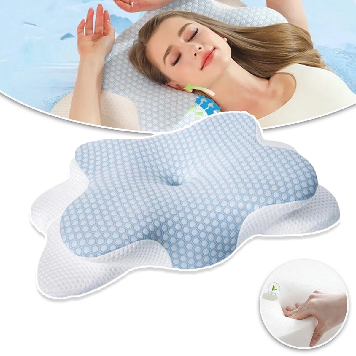 Vlinderkussen Van Traagschuim - Dubbele Hoogte Ergonomische Vorm - Langzame Terugvering Verkoelende En Wasbare Hoes - Verlichting Van Nek- En Schouderpijn - 64,3 x 37,6 cm