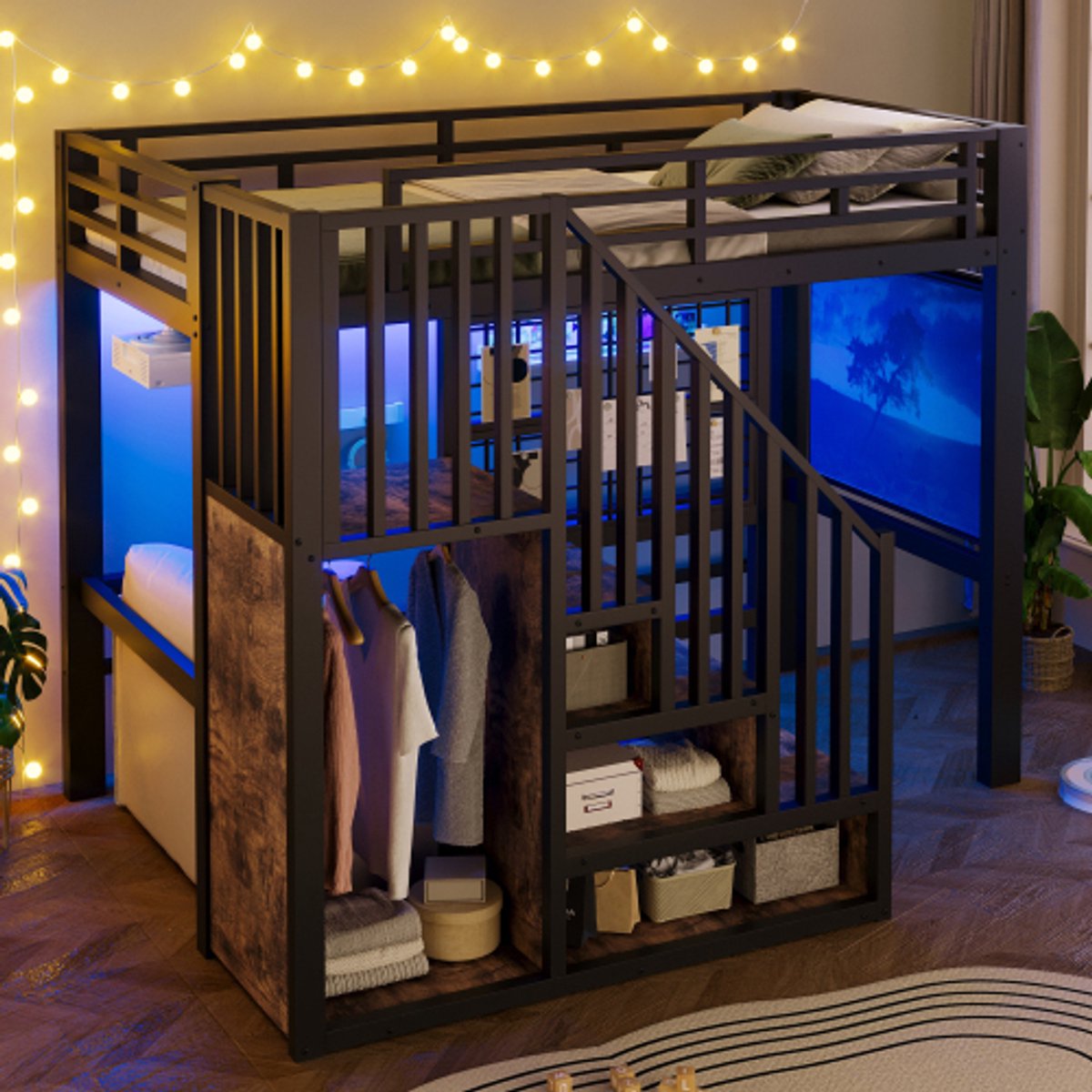 Zubaliya Hoogslaper 90x200 - Metalen Bed LED Opbergtrap Gitter Opbergstang - Zwart - Multifunctioneel Bed Zonder Matras